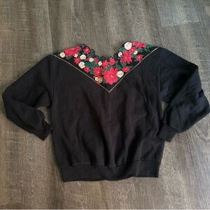 Vintage Black Sweater with Floral Embroidery